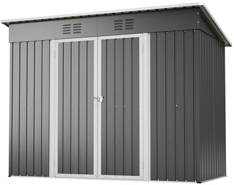 Geräteschuppen Metall 229x111x182 cm, 4,63 m³ Gerätehaus mit Pultdach, Fundament und Drehtüren, Wetterfester Gartenschuppen für Fahrrad & Gartengeräte, Grau