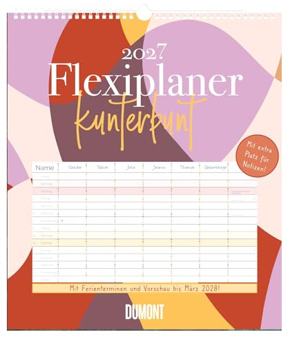 Flexiplaner kunterbunt 2027: Familienplaner 34,5x40 cm mit 7 Spalten, Datumssteckern, Platz für Notizen, Schulferien & Mondphasen, ideal für Haushalt, Familie & Büro