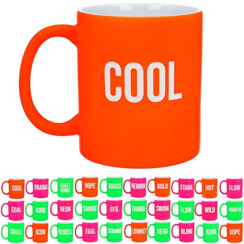 Neon Statement Mug 350ml - Laser Engraved Coffee Mug - Pink, Green or Orange - One Word Design - Dishwasher Safe - Trend Gift (COOL - Orange)