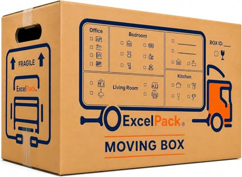 Large Moving Boxes with Carry Handles and Room List, Pack of 20 – Strong Cardboard Boxes 52x30x30cm, 47L Heavy Duty Packing Boxes for House Moving, Storage, Shipping, Removal & Office Use