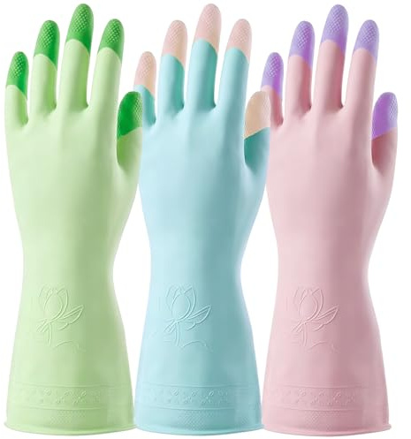 AOOSU 3 Pack Reusable Washing Up Gloves, Household Gloves, Long Rubber Glove, Cleaning Glove for Laundry, Gardening Medium