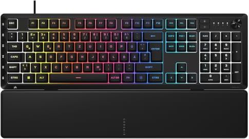 Corsair Skiff 100 Plus Leise RGB Kabelgebundene Gaming-Tastatur – Schwarz | DE QWERTZ, 6 programmierbare Tasten, Schutzklasse IP53 (Spritzwasser- und Staubgeschützt), Media-Drehregler