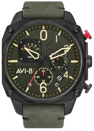 AVI-8 Herren 45mm Hawker Hunter Retrograde Chronograph Deep Green Black Japanische Quarz-Fliegeruhr mit Lederarmband AV-4052-08