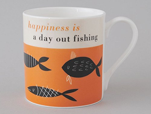 happiness is a day out fishing Large Bone China Mug decorated in Stoke on Trent, England (orange)