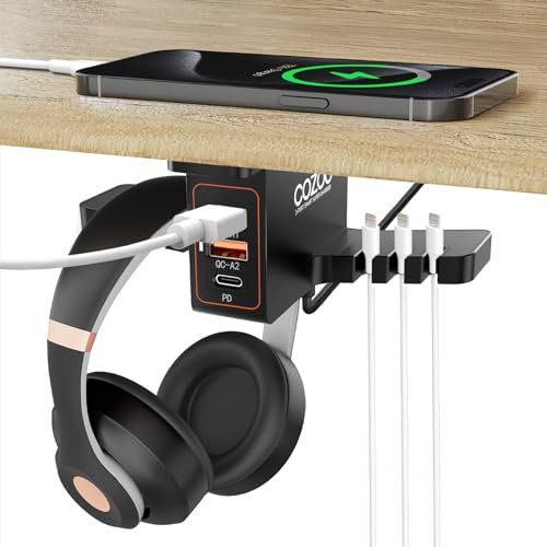 COZOO Under Desk Headset Holder Mount and Smart Watch Charging Dock Dual Earphone Hanger Hook for All Headphones