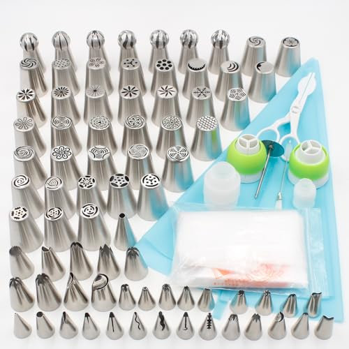 Piping Nozzles Cake Decorating Tips 116 Pcs Set -76 Different Icing Nozzles 4 Couplers 2 Pastry Bags Silicone 30 Disposable Pastry Bags 1 Flower Nail Polish 1 Pastry Scissors 1 Cleaning Brush Storage