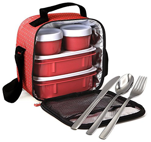 PracticFood - Kit Urban Food Negro Cubiertos - Bolsa térmica porta alimentos. Dots Rojo