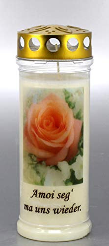 Grabkerze mit Spruch und Motiv Rose, (21x7,5 cm) Grablicht mit 7 Tage Brenndauer (3910), Wetterfestes Trauerlicht mit Deckel, Hochwertige Trauerkerze, Edle Gedenkkerze aus Deutschland
