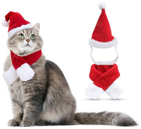 PETLESO Katzen Weihnachtskostüm - Weihnachtsmannmütze und Schal für Katzen/Kleiner Hund - Weihnachtsoutfit