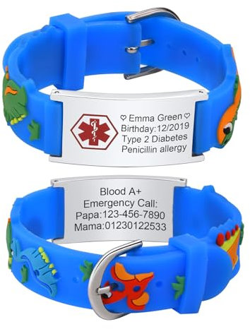 XUANPAI Notfallarmband Kinder SOS Armband : Personalisiert Medizinisches ID Armband Wasserdichtes Weiches Silikonband Angenehm Verstellbare Länge Cartoon Armband Namensarmband für Jungen Mädchen