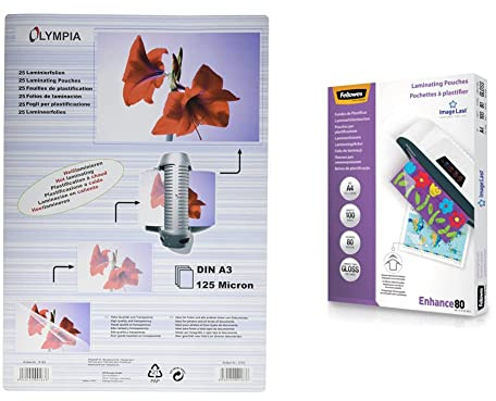 Olympia Laminierfolien DIN A3, 125 Mikron, glänzend, 25 Stück, 9183 & Fellowes Laminierfolien A4 ImageLast, 80 Mikron (2 x 80 mic), glänzend, 100 Stück, transparent mit Ausrichtungshilfe
