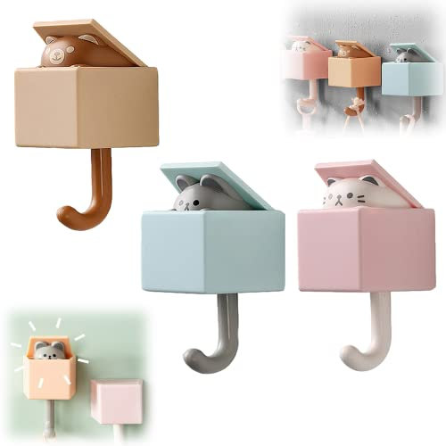 Bogoro 3 Stück Tier Wasserfest Haken,Selbstklebend Handtuchhaken,Tier Wandhaken Selbstklebend,HomeKüche,Hüte,Keys,Duschhaken Ohne Bohren(Rosa/Blau/Braun).