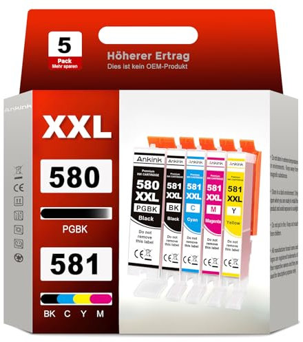 ANKINK Kompatibel Tintenpatrone Druckerpatronen als Ersatz für PGI 580XXL CLI 581XXL für Canon Patrone 580 581 XL XXL für TR7550 TR8500 TR8550 TS705 TS705a TS6250 TS6300 TS6350 (PGBK BK C M Y 5 Pack)