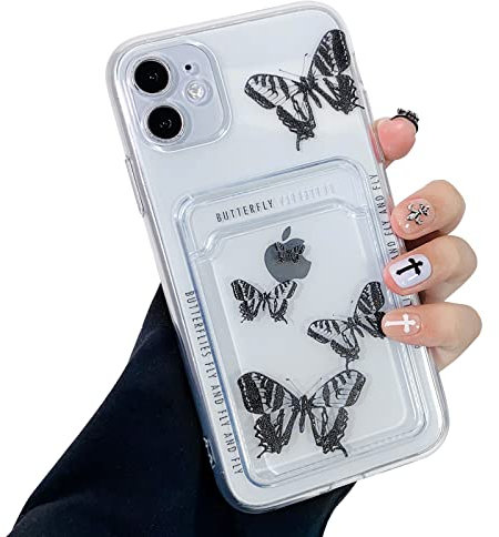 NITITOP Compatible for iPhone 11 Case Clear with Card Holder, Cute Butterfly Phone Cover for Women Girl, Protective Soft TPU Shock-absorbing Wallet Case for iPhone 11-Black Butterfly