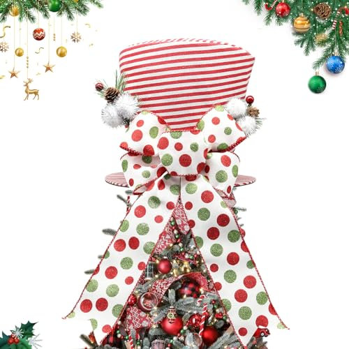 Weihnachtsbaumspitze Hut mit Schleife, rot und weiß gestreift, Zylinder Ornament mit gepunkteter Schleife, Winterferien, Weihnachtsdekoration für Heimdekoration (grün und rot)