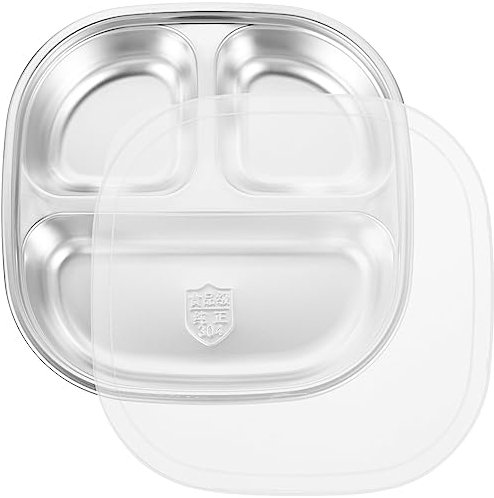 Sosoport Snack Containers Portion Control Plate Stainless Steel Divided Plates with Lid for Adults Divided Dinner Tray 3 sections Bento Lunch Box Divided Food Containers Camping Cookware