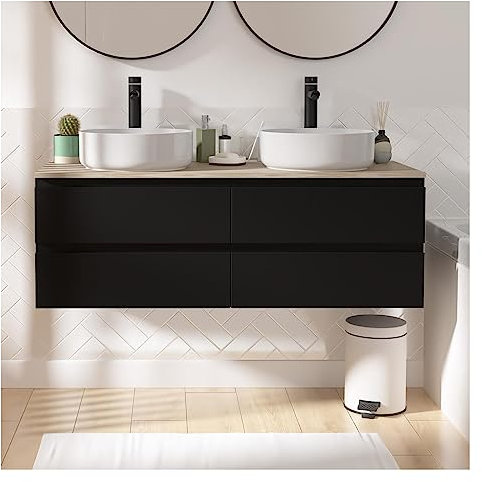 MOB-IN Ensemble Meuble Double Vasque Noir Carbone 120 cm + 2 vasques + 2 robinets Sorrento
