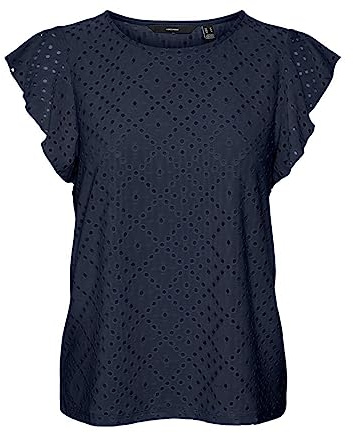 VERO MODA Damen Shirt Bluse mit Loch Muster und Kurzen Flügelärmeln, Farben:Navy, Größe:L