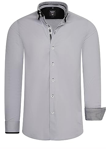 Rusty Neal Herren Hemd mit Doppel-Kragen und aufwendigem Knopf-Design Stretch Langarm-Hemd Freizeit Hemden 028, Farbe:Grau, Größe S-3XL:3XL