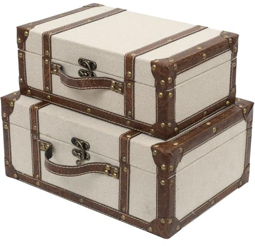 DECOR4SEASON Vintage Suitcase Linen Fabric Covered Decorative Trunk Set of 2 - Antique-Style Wood Chests, Perfect for Weddings and Keepsakes
