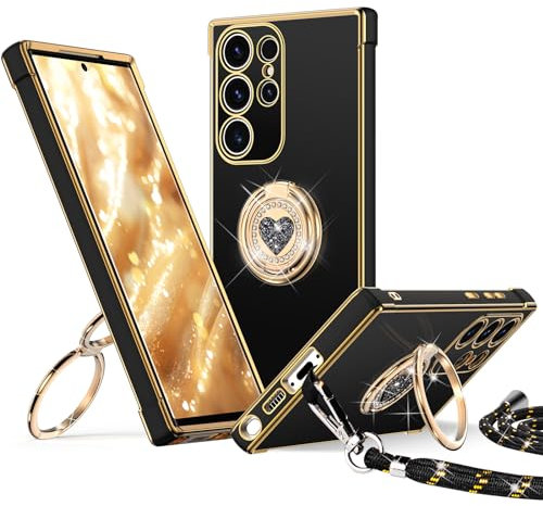 XYZ for Samsung Galaxy S24 Ultra Case with Stand, Galaxy S24 Ultra Phone Case with Double Ring Heart with Lanyard for Girls Women, Luxury Cute Bling Protective Case for Samsung S24 Ultra, Black