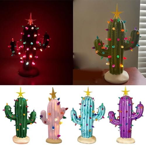 Cactus luminoso de Navidad vintage, árbol de Navidad de cerámica verde, árbol de Navidad de cactus de cerámica, con luces, mini decoraciones navideñas, decoraciones de mesa para el hogar de Navidad. (
