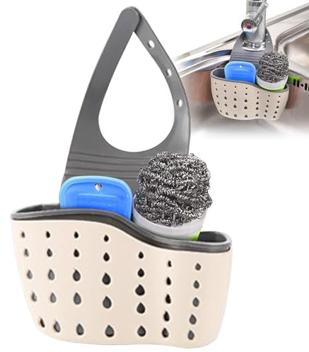 Hemore Porte-éponge pour lavabo de Cuisine, Support d'évier Suspendu de Cuisine avec Sangle et Trou de vidange réglables, Panier de Caddie Robinet d'évier pour séchage (Beige)