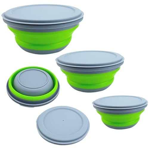 TSLBW 3 Pcs Collapsible Washing Up Bowl, Portable Camping Bowl with Lid Food Storage Outdoor Tableware Folding Lunch Box Portable Salad Bowl for Outdoor Travel Camping Hiking Caravan (Green)