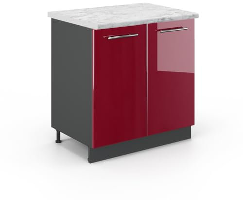 Vicco Spülenunterschrank Fame-Line, Bordeaux Hochglanz/Anthrazit, 80 cm, AP Marmor