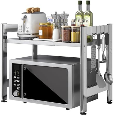 Virvia Extendable Microwave Oven Rack，Adjustable Microwave Stand Kitchen Counter Shelf Kitchen Utensils Storage, Stainless Steel 2-Tier Over Microwave Shelf Countertop Organizing Rack with 4 Hooks（S）