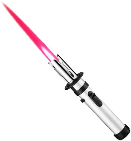 Feuerzeuge, Flammenwerfer, Küchenbrenner, nachfüllbare Butanfeuerzeuge Brenner mit einstellbarer Flamme Schweißbrenner Grillbraten mit Sicherheitsverschluss (kein Butangas)（Silber）