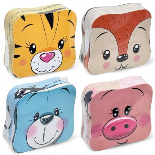 MIJOMA 4er Set Magische Waschlappen Magische Handtücher Zaubertuch Zauberhandtuch - Kinder Mitbringsel Mitgebsel Tombola - 100% Baumwolle, Entfaltet Sich in warmem Wasser (Fröhliche Tierfreunde)