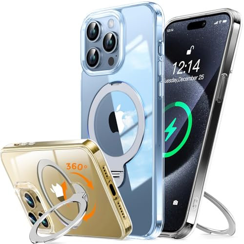 UNIOTEK 360° Drehbarer Hülle Magnetische für iPhone 13 Pro Max Hülle 6,7 [Unsichtbarer Ständer für MagSafe] [Schutz in Militärqualität] Transparente Schutzhülle Stoßfeste Weiche TPU Rand, Transparent