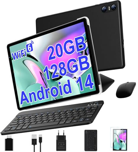 Tablette Android 14 avec 5G Wi-Fi 6, 20 GO RAM+128 GO ROM (Extensible Jusqu'à 1 To), Tablette Tactile avec Widevine L1, 8 Cœurs, 5MP+8MP, Tablette 10 Pouces avec Clavier+Souris et Cas, Noir Pâle