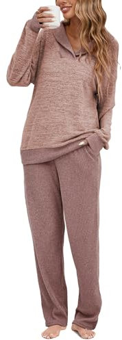 Famulily Lounge Set Comfy Knitted Outfit Pleated Elastic Waist Pants Long Sleeve Top Homewear Pink XL