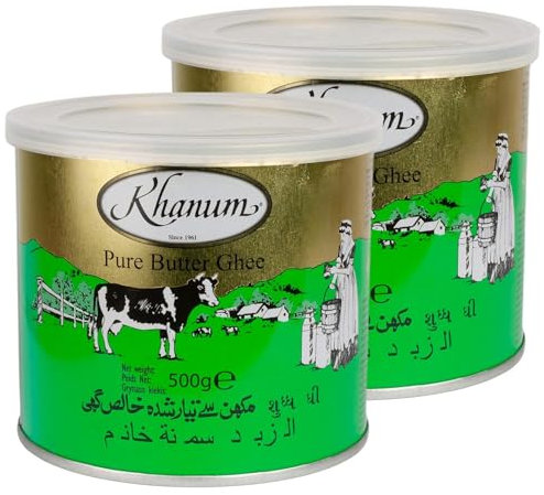 Khanum Reines Butterfett Ghee 2 x 500g – Hochwertiges Butterfett zum Braten, Kochen & Backen | Perfekt zum Frittieren, hoher Rauchpunkt, ohne Zusatzstoffe mit Kajal-Aufkleber