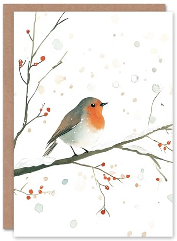 Wee Blue Coo Robin Bird Snow Winter Berry Tree Festive Fun Xmas Art Blank For All Christmas Card