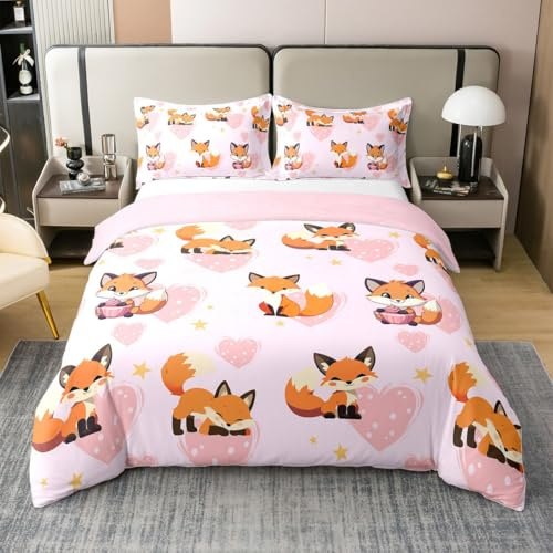 Süßer Fuchs 100% Baumwolle Bettbezug für Kinder Jungen Mädchen,Cartoon Tier Bettwäsche Set 135x200,Rosa Liebe Herz Bett Sets,Woodland Fox Bettbezug mit 1 Kissenbezug für Schlafzimmer,Kein Tröster