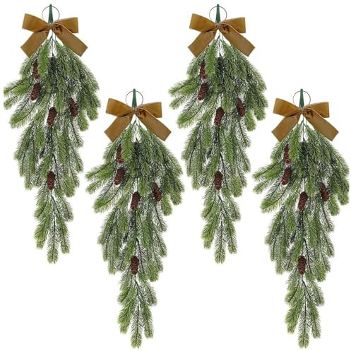 4/1Pc Artificial Christmas Teardrop Swags, 20 Faux Pine Needles Teardrop Door Swag with Pine Cones, Christmas Greenery Teardrop Wreath for Xmas Holiday Mantle Fireplace Indoor Outdoor Decor (4Pcs)