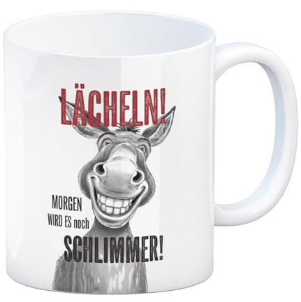 speecheese Grinsender Esel - Lächeln Morgen wird es schlimmer Kaffeebecher Illustration Grinsender Esel mit großen Augen dessen Gesichtszüge zum Lächeln animieren