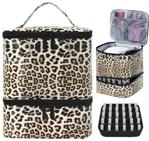 MZSX Double-Layer Nail Polish Storage, Holds 30 Bottles (15ml/0.5 fl.oz) and Nail Lamp, Nail Dryer Case, Nail Polish Organizer Bag, Travel Storage Bag for Manicure Set (Leopard Print)