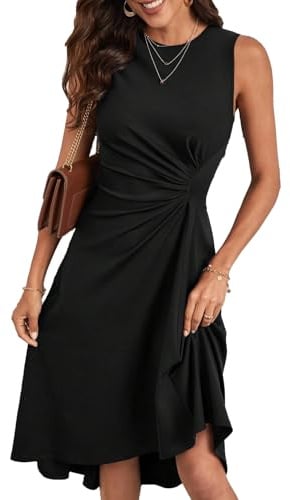 HUXRAKV Vestito Donna Elegante da Cerimonia Abito Solido Pieghe in Vita Abito Midi con Linea ad A Vestiti da Cocktail Estivi Senza Maniche