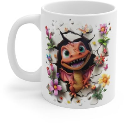Teecustom Mug Tasse Bébé Dragon Rouge Ailé – Tasse Fantasy en Céramique avec Fleurs et Papillons – Cadeau Geek Magique : Taille - 11oz Taille 11oz