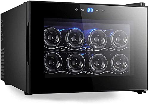 IUBGFTO Mini Wine Cooler 8 Bottle Thermoelectric Wine Cellar Fridge Small Countertop Constant Humidity Wine Refrigerator Wooden Shelves Glass Door Black