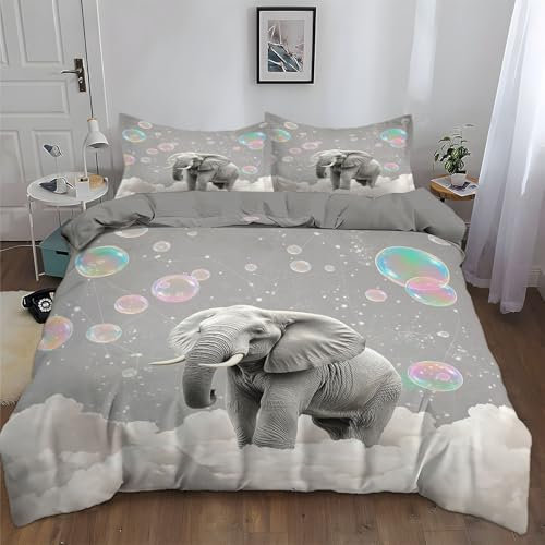 Wolkenblasen 3D Bettbezug 135 X 200 cm Tier Elefant Bettwäsche Set Mikrofaser Weiche Bettbezüge, Mit Reißverschluss Und 2 Kissenbezug 80 X 80 cm
