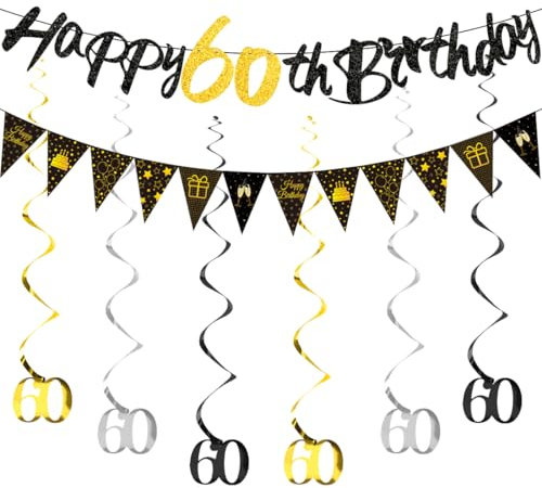 HUKUMA 60 Geburtstag Mann, Geburtstagsdeko 60 Jahre Frau, Sweet 60 Deko Girlanden, Schwarz, Geburtstagskette Spiralen, Happy Birthday Banner 60 Geburtstag Dekoration für Männer u