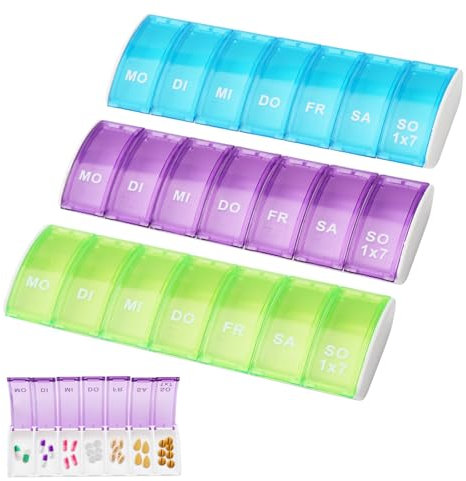 ZMDMAH Tablettenbox 7 Tage, 3 Stück,Wiederverwendbar Pillendose,Klein Pillenbox Fächer, 7 Fächer Medikamentenbox,Handlicher und Feuchtigkeitsbeständiger (Grün/Blau/Lila)