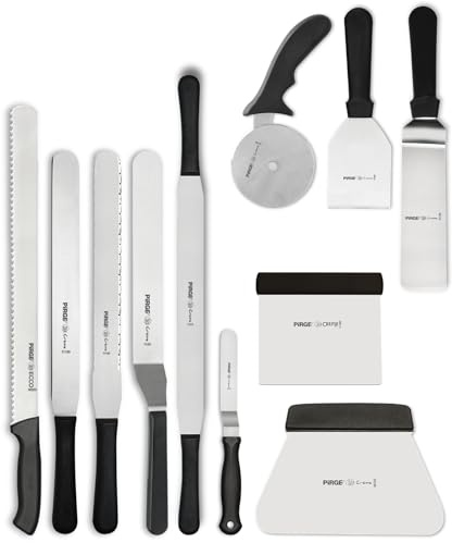 Pirge Backwaren Werkzeug Set - 11 TLG Edelstahl Set für Konditoreien und Bäckereien - Tortenmesser, Winkelpaletten, Teigschaber, Pizzaschneider und mehr, Ergonomischer Griff