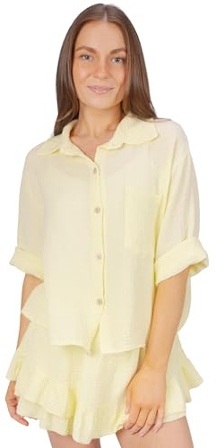 Musselin Bluse Damen aus 100% Baumwolle - kurz, luftig & locker - Frühling, Sommer mit Brusttasche - Celina