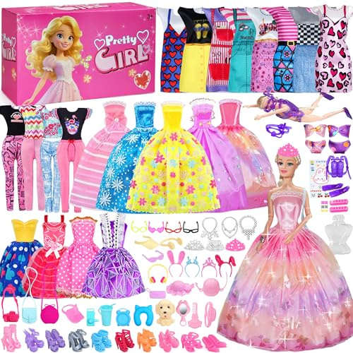 122pcs Puppenkleidung und Zubehör - mit Puppensets, Modepaket Spielset einschließlich Hochzeitskleider / Kleider / Aufhänger / Schuhe / Outfit, Fashionista Prinzessin Puppen Spielset